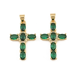 Vert Micro cuivres ouvrent pendentifs zircone cubique, breloques en forme de croix ovale, sans cadmium et sans plomb, or, verte, 30x18.5x3.5mm, Trou: 5x3mm