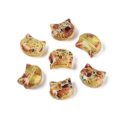 Light Khaki Picasso Transparent Glass Beads, Cat, Light Khaki, 8~8.5x9.5~10x5.5~6mm, Hole: 1mm, About 750pcs/pound
