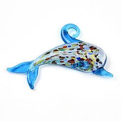 Озёрно--синий Ручной серебряная фольга Lampwork большие кулоны, прелести дельфинов, Плут синий, 45~49x65~68x9~11 мм, отверстие : 5~6x5~6 мм