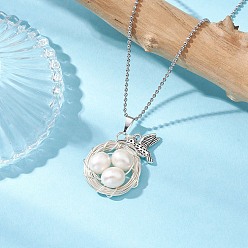 Нержавеющая Сталь Цвет Ожерелья с подвеской в виде птичьего гнезда из натурального культивированного пресноводного жемчуга с медной проволокой, с 304 из нержавеющей стальной шарик цепочки, цветочный белый, цвет нержавеющей стали, 17.52 дюйм (44.5 см)