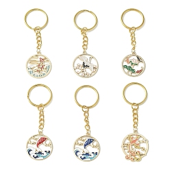 Mixed Color Alloy Enamel Pendants Keychain, with Iron Split Key Rings, Flat Round with Fish/Phoenix/Flower, Mixed Color, 8~8.5cm, 6pcs/set