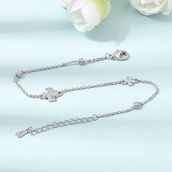 Platinum Brass Micro Pave Clear Cubic Zirconia Four Leaf Clover Link Bracelets, Lead Free & Cadmium Free, Rack Plating, Long-Lasting Plated, Platinum, 6.85 inch(17.4cm)