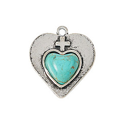 Сердце Подвески из искусственной бирюзы из смолы, со сплавочной фурнитурой античного серебряного тона, формы сердца, Сердце Pattern, 23x20 мм, отверстие : 1 мм