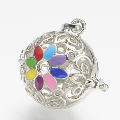 Platinum Brass Cage Pendants, For Chime Ball Pendant Necklaces Making, with Enamel, Round with Flower, Platinum, 24x24x21mm, Hole: 4x8mm, Fit for 3mm rhinestone, inner size: 16.5mm in diameter, fit for 3mm rhinestone