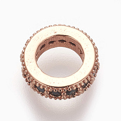 Розовое Золото Латунные микро проложить кубического циркония бусы, без свинца и без кадмия, плоско-круглые, чёрные, розовое золото , 8x2 мм, отверстие : 4.5 мм