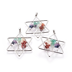 Mixed Stone Natural Mixed Stone Pendants, with Brass Findings, Star, Platinum, 52x43x5~6mm, Hole: 5x8mm