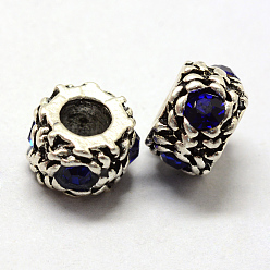Сапфир Европейские бусины, сплав, стразы , бусины с большим отверстием, RONDELLE с цветком, античное серебро, сапфир, 11x7 мм, отверстие : 5 мм