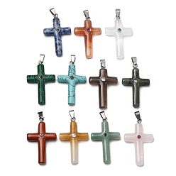 Смешанные камни Подвески-кресты из натуральных и синтетических драгоценных камней, с латунными микро проложить кубических выводы циркония, платина, стойки покрытие, 44.5~45x27.5~28.5x7~8.5 мм, отверстие : 4x6.5 мм