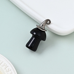 Obsidian Natural Obsidian Pendnats, with Alloy Finding, Mushroom Charms, 30x25mm