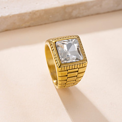 Прозрачный 304 Кольца из нержавеющей стали и кубического циркония, квадратный, золотые, прозрачные, размер США 8 (18.1 мм)