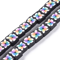 Black Handmade Flower Printed Polymer Clay Beads Strands, Square, Black, 7.7~9.2x7.5~9x4.2mm, Hole: 1.2mm, about 39pcs/Strand, 14.96''(38cm)