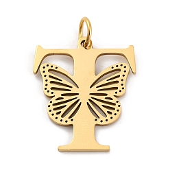 Letter T Ионное покрытие (ip) 201 подвески из нержавеющей стали, письмо с подвесками-бабочками, золотые, Письмо T, 27x23.5x1.5 мм, Кольцо: 7x1 mm, отверстие : 5 мм