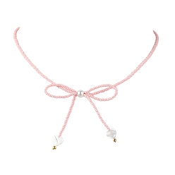 Pink Ожерелья с подвесками из стеклянных семян для женщин, бантом, розовые, 15.94 дюйм (40.5 см)