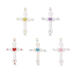 (52) Непрозрачная лаванда Подвески-кресты из стеклянного бисера, с 304 кольцами из нержавеющей стали, реальный 18 k позолоченный, разноцветные, 43.5x30.5x1.5 мм, отверстие : 3.5 мм