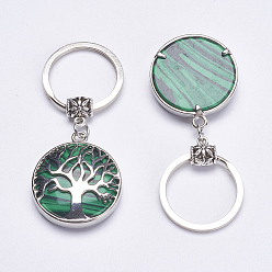 Malachite Synthetic Gemstone Keychain, with Brass Finding, Flat Round with Tree of Life, 64mm
