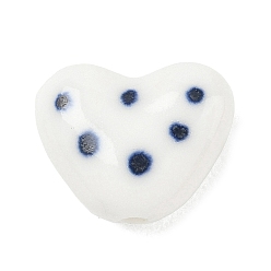 Midnight Blue Handmade Porcelain Beads, Flat Round with Polka Dot, Hand Painted, Midnight Blue, 11.5x14x6.5mm, Hole: 2mm