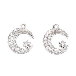 Платина Стойка металлическая латунная микропрофилированная кубическая циркония подвески, долговечный, Луна и звезды, платина, 15x12x2 мм, отверстие : 1.2 мм, 20 шт / коробка