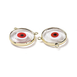 Red Handmade Lampwork Pendants, with Golden Plated Brass Findings, Cadmium Free & Lead Free, Flat Round with Evil Eye, Red, 21x21x4.5mm, Hole: 1.5mm