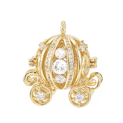 Golden Brass Cage Pendants, For Chime Ball Pendant Necklaces Making, with Micro Pave Cubic Zirconia, Hollow Pumpkin Carriage, Clear, Golden, 28x26x17mm, Hole: 3mm, Inner Measure: 15.5m
