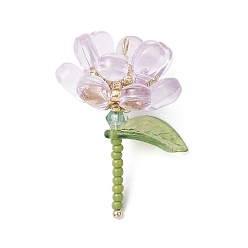 Сливовый Прозрачные стеклянные подвески, цветок, с круглой бусиной из перламутрового стекла и 304 петлей из нержавеющей стали, слива, 36x29x24 мм, отверстие : 1.6 мм