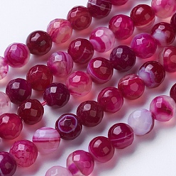 Camellia Natural Striped Agate/Banded Agate Beads Strands, Dyed & Heated, Faceted, Grade A, Round, Camellia, 8mm, Hole: 1.2mm, about 47pcs/strand, 14.9 inch(38cm)