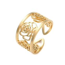 Golden 304 Stainless Steel Open Cuff Ring for Women, Flower, Golden, Inner Diameter: 18mm