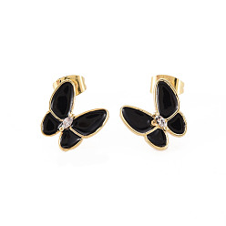 Black Brass Micro Pave Clear Cubic Zirconia Stud Earrings, with Enamel and Ear Nuts, Cadmium Free & Nickel Free & Lead Free, Butterfly, Real 16K Gold Plated, Black, 11x11.5mm, Pin: 0.8mm