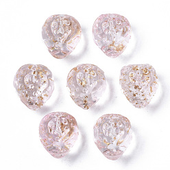 Perle rosa Transparente sprühlackierte Glasperlen, mit goldener Folie, Hälfte gebohrt, , Erdbeer-Form, Perle rosa, 13x11x10 mm, Bohrung: 1 mm