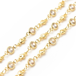 Golden Brass Heart & Flat Round Link Chains, with Clear Cubic Zirconia Beaded, Long-Lasting Plated, Soldered, with Spool, Golden, 10x5x2mm, 7.5x4x2mm