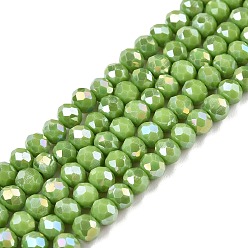 Светло-зеленый Коричневый Стеклянные бусины с гальваническим покрытием , непрозрачный сплошной цвет, с покрытием AB цвета, граненые, рондель, оливковый, 4x3 мм, отверстие : 0.4 мм, около 105~110 шт / нитка, 38~39 см