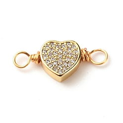 Clear Brass Micro Pave Cubic Zirconia Link Connectors, with Real 18K Gold Plated Eco-Friendly Copper Wire, Heart, Clear, 9x22x4mm, Hole: 3mm