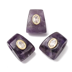 Améthyste Perles européennes d'améthyste naturelle, perles trapézoïdales à grand trou avec sertissage en laiton et zircon cubique transparent, or, 20x14.5~16x13~13.5mm, Trou: 4mm