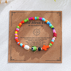 Разноцветный Стеклянные бусины эластичные скобы, Крестики-ножницы от сглаза и синтетической бирюзы для женщин, с имитацией стеклянного жемчуга и бумажной карточкой, красочный, внутренний диаметр: 6-7/8 дюйм (17.5 см)