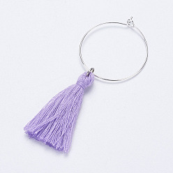 Violet Cotton Thread Tassels Wine Glass Charms, with Brass Rings Hoop Earrings, Silver Color Plated, Violet, 60mm