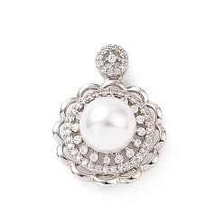 Платина Экологически чистые подвески из латуни с микропаве из кубического циркония, с искусственным жемчугом из абс-пластика, без кадмия и без свинца, долговечный, цветочный шарм, платина, 26x19.5x12.5 мм, отверстие : 2x3.5 мм