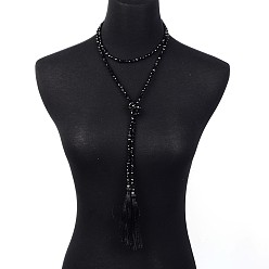 Black Adjustable Glass Beaded Lariat Necklaces, with Tassels, Black, 59 inch