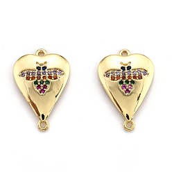 Colorful Brass Micro Pave Cubic Zirconia Links, Long-Lasting Plated, Heart with Bee, Real 18K Gold Plated, Colorful, 22x15x2mm, Hole: 1.2mm