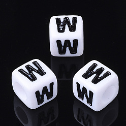 Letter W Letter Acrylic Beads, Cube, White, Letter W, Size: about 7mm wide, 7mm long, 7mm high, hole: 3.5mm, about 2000pcs/500g