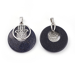 Синий Драгоценный Камень Синтетический синий авантюрин подвески, с латунной фурнитурой платинового цвета, плоский круглый с hamsa рука / рука fatima / рука miriam, 32~32.5x28x7~7.5 мм, отверстие : 5x8 мм
