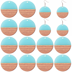 Turquoise Transparent Resin & Walnut Wood Pendants, Waxed, Flat Round, Turquoise, 28.5x3.5~4mm, Hole: 1.5mm, 12pcs/box