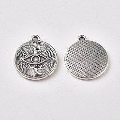 Antique Silver Tibetan Style Alloy Pendants, Flat Round with Eye, Antique Silver, 20x17x2mm, Hole: 1mm