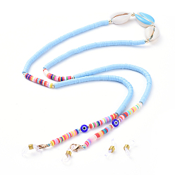 Light Sky Blue Neck Strap for Glasses, Eyeglass Holder Strings Cords, with Polymer Clay Heishi Beads, Cowrie Shell, Lampwork Beads and Rubber Loop Ends, Light Sky Blue, 30.7 inch(78cm)