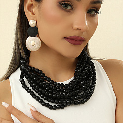 Черный Наборы из деревянных круглых бусин, многослойных ожерелий и плоских круглых серег из сплава, чёрные, 550~600 мм