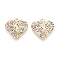 Light Gold Подвески из сплава и страза, разбитое сердце, без свинца и без кадмия, золотой свет, 21x21x4 мм, отверстие : 2 мм