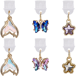 (52) Непрозрачная лаванда 6шт 6 стили пластиковые мобильные пылезащитные заглушки, с подвесками из латуни и сплава стекла в форме бабочки и звезды-кита, золотые, разноцветные, 26~30 мм, 1 шт / стиль