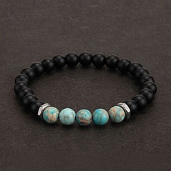 Sky Blue 8MM Dyed Natural Imperial Jasper and Frosted Black Round Beaded Stretch for Men, Silver Color Plated, Sky Blue, 7.09 inch(18cm)
