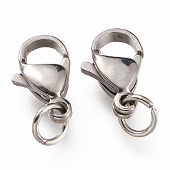 Stainless Steel Color 304 Stainless Steel Lobster Claw Clasps, With Jump Ring, Stainless Steel Color, 12x7x3.5mm, Hole: 3mm, Jump Ring: 5x0.6mm