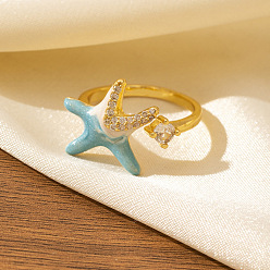 Золотой Открытые кольца-манжеты из латуни Ocean Brass с микропаве из кубического циркония для женщин., морская звезда, с эмалью, золотые, размер США 4 1/4 (15~20 мм)