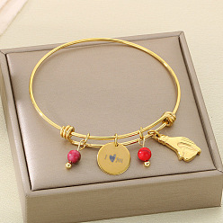 Золотой День матери 304 браслеты из нержавеющей стали с подвесками для женщин, плоский круглый и ручной, с синтетическими бирюзовый, золотые, внутренний диаметр: 2-5/8 дюйм (6.8 см)