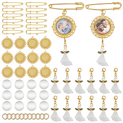Antique Golden Iron Brooches Findings & Acrylic Pendant Decorations, with Alloy Pendant Cabochon Settings and Glass Cabochons, Antique Golden, 46mm